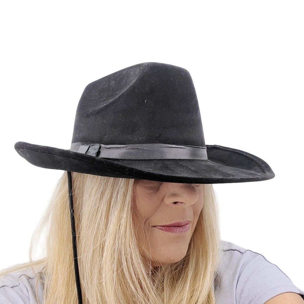 Black Felt Cowboy‎ Hat Unisex Bow Ribbon Band Adjustable Chin Strap Wedding